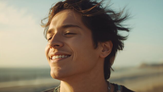 Smiling adult male soaking in warm sea sun, wearing layered tops and thin necklace, hair blowing