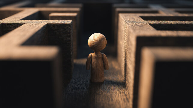 A small wooden figure stands in a complex maze with many paths and dead ends