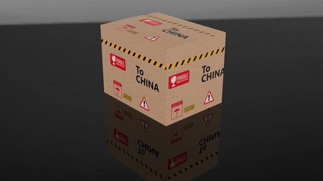 3D cardboard shipping box labeled for China with fragile and caution symbols, representing international shipping, logistics packaging, and global trade transport.