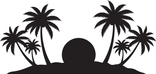 Black silhouette tropical island with palm trees and sunset vector