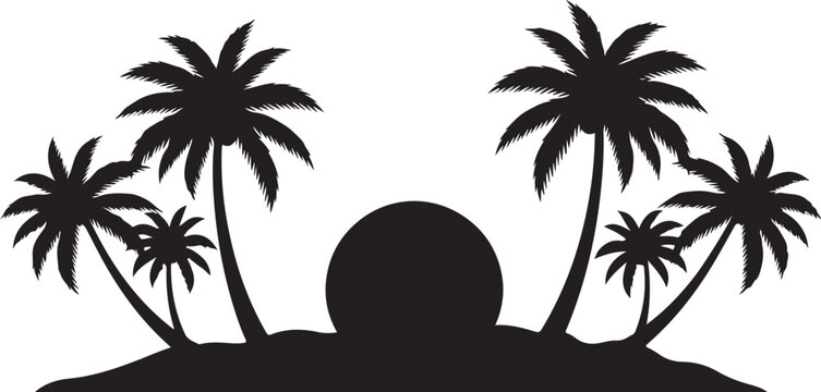 Black silhouette tropical island with palm trees and sunset vector
