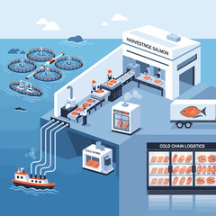 Fototapeta premium An illustration depicting the entire process of salmon farming, from ocean harvesting to cold chain logistics and processing.