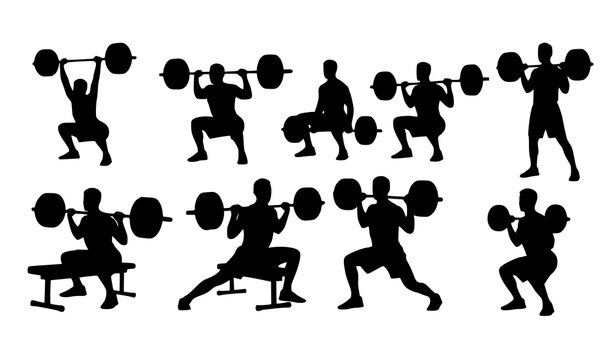 Barbell workout exercise silhouettes set with athletes performing strength training movements vector