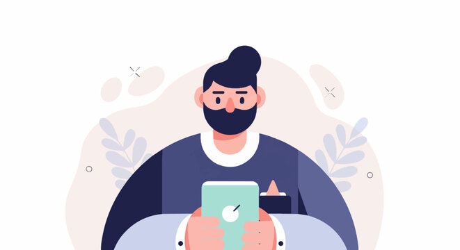 Flat illustration of a man with beard and bun holding smartphone