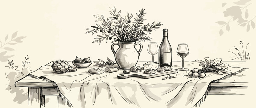Hand drawn served table with italian food illustration. Sketch style Mediterranean lunch or dinner. Wine, charcuterie, pasta illustrations for party or wedding invitations, menus and kitchen prints.