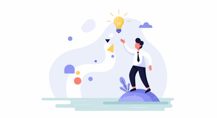 Obraz premium Businessman reaching for glowing lightbulb representing idea on an island
