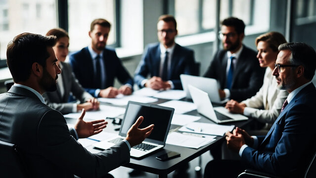 A businessman gestures emphatically during a corporate meeting. Colleagues listen intently at a table with laptops.