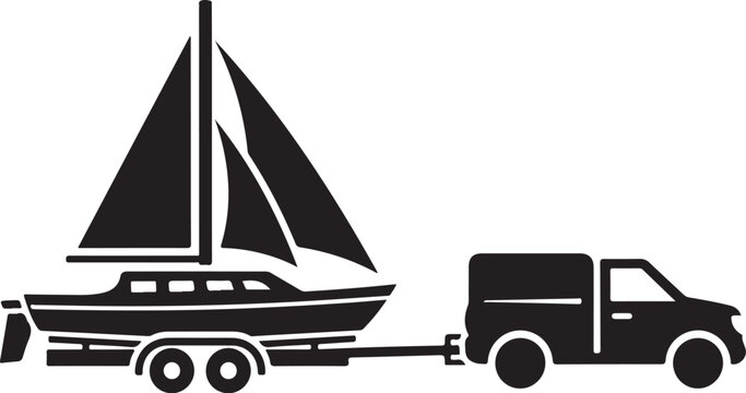 Black vector illustration of a truck towing a sailboat on a trailer