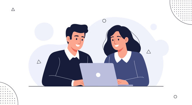 Smiling colleagues collaborating on a laptop, modern flat illustration.