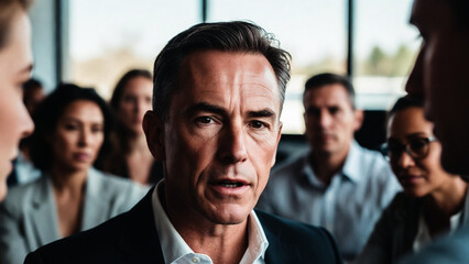 Obraz premium A man speaks intently to a group of colleagues in a modern office. He appears serious, focused.