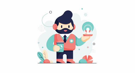 Obraz premium Bearded man with headphones, coffee, and broadcast signal