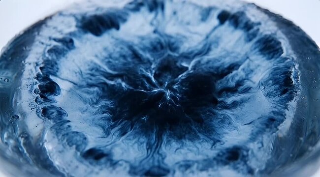 Abstract macro shot of blue liquid mixture swirling in a clear container