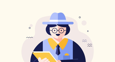 Obraz premium Cartoon character wearing hat and glasses holding a yellow tablet