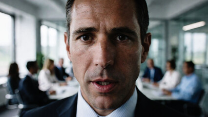 Fototapeta premium A man stares intently at the camera in a modern office setting. He wears a dark suit and appears serious.