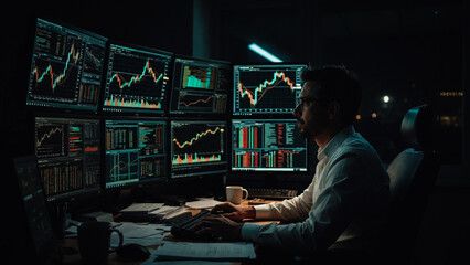 Obraz premium A man monitors multiple stock charts in a dark trading room. He appears focused.