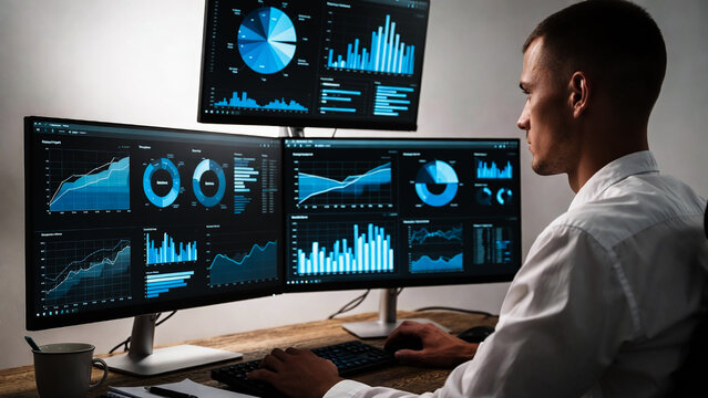 A man analyzes data on multiple monitors, focused intently on charts and graphs. He wears a white shirt.