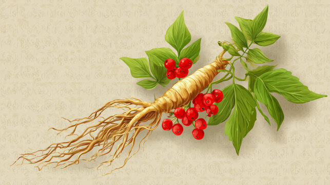 Wild Ginseng root vector illustration with ginseng  berries