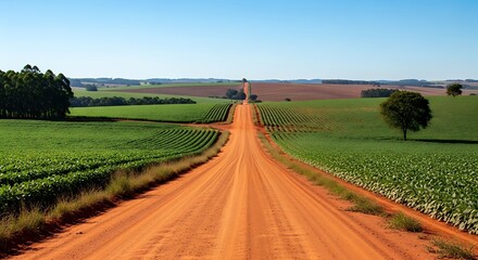 Fototapeta premium Dusty Red Dirt Road Stretching Through Green Farmland Under Clear Blue Sky