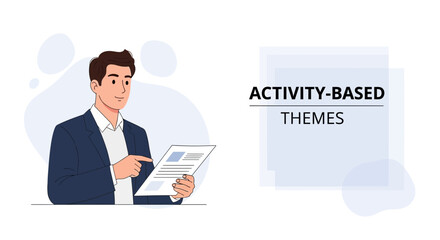 Businessman pointing at document with activity-based themes text