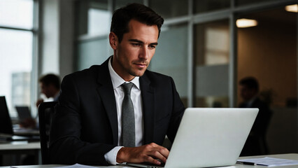 Fototapeta premium A man types intently on a laptop in a modern office. He wears a suit and tie.