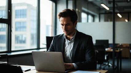 Fototapeta premium A man intently types on a laptop in a modern office, bathed in natural light.