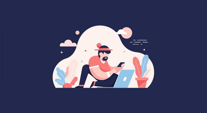 Person with beard and hat using phone and laptop in abstract landscape