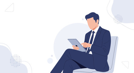 Businessman sitting and using tablet, modern flat design, business concept
