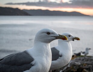 Fototapeta premium Close-up of two white and gray birds with yellow beaks, set against a blurred seascape at dawn