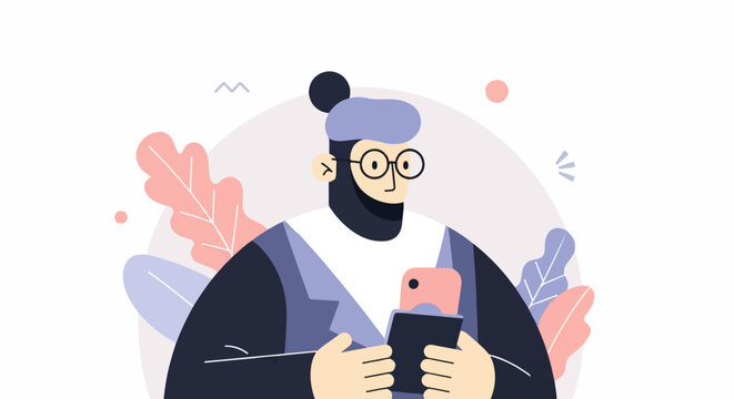 Bearded man in glasses with a bun hairstyle, holding a phone