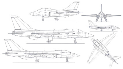 Fototapeta premium Military Fighter Jet Blueprint Technical Aircraft Line Drawing Multi View Aviation Engineering Diagram