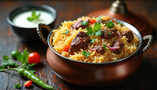 Aromatic beef biryani served in copper pot with cooling raita side dish. Tender meat and fluffy rice with fresh herbs and spices garnish. Rich ethnic dish ready for hearty meal.