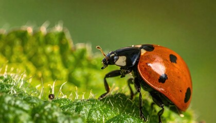 Obraz premium Ladybug on Green Leaf Closeup Photography.
