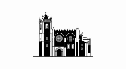 Obraz premium Black and white line drawing of a large church building with a tower and dome