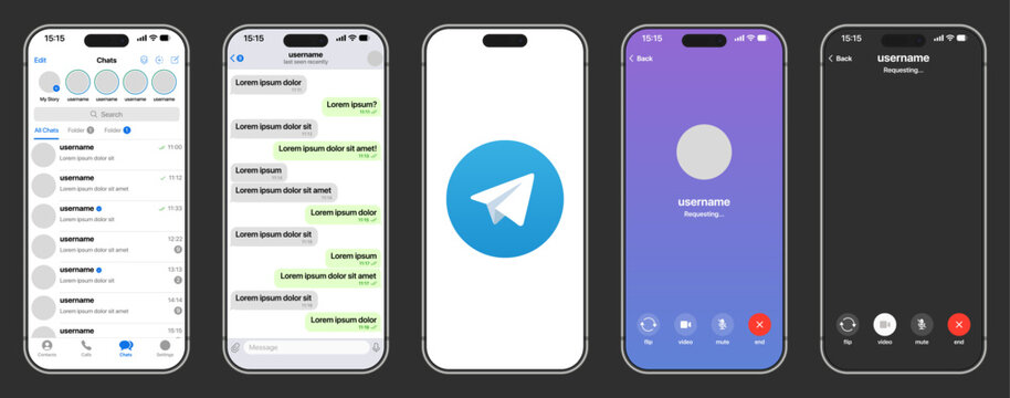 Telegram Mobile Messaging App Screens Featuring Chat List Conversation Bubbles Voice Call Interface Incoming Call Screen and Telegram Paper Plane Logo