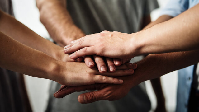 People join hands, forming a supportive circle. They display unity and collaboration.