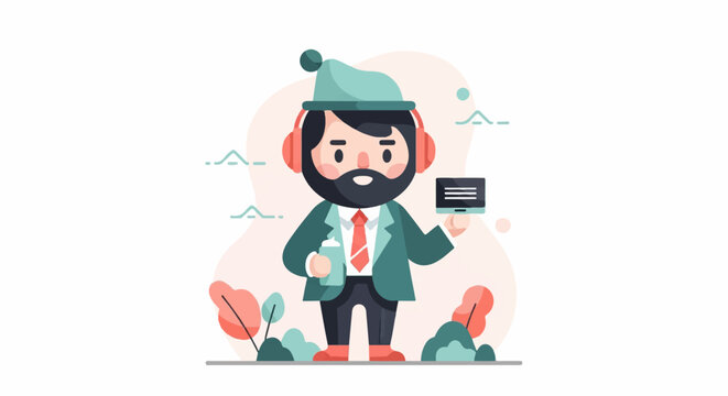 Bearded man in headphones and hat with mini computer and drink