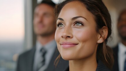 Fototapeta premium A confident professional woman smiles while looking up with blurred colleagues and a city skyline in the background