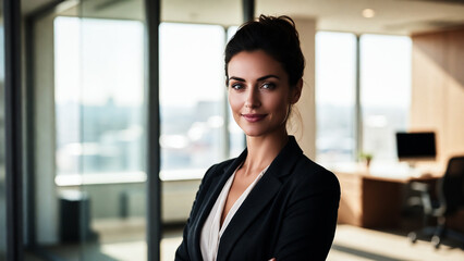 Fototapeta premium A woman in a business suit smiles confidently, standing in a modern office with a city view.