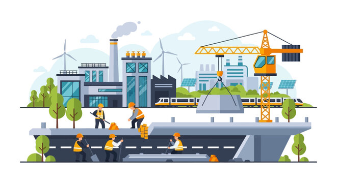 Modern City Infrastructure Construction: Workers Building Roads & Bridges with Crane, Featuring Green Energy & Transportation