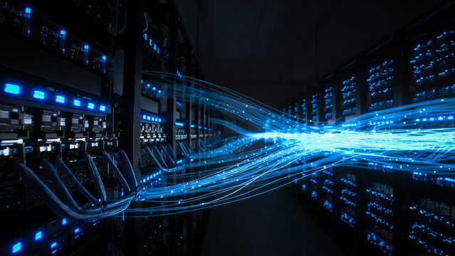Servers glow with blue light trails, conveying data flow within a dark data center.
