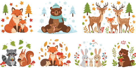 Fototapeta premium Cute Woodland Animals Vector Set Featuring Fox, Bear, Deer, Rabbit, Raccoon, Hedgehog and Squirrel with Seasonal Nature Elements for Children Illustration