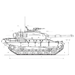Detailed technical line drawing of a modern main battle tank showcasing a side profile view with schematic markings on a clean white background for engineering or educational use. © Video