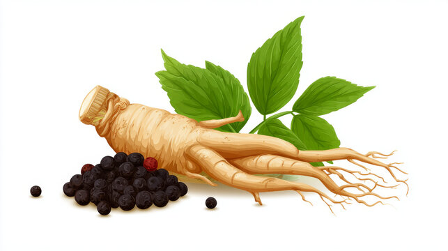 Fresh Ginseng root vector illustration with black pepper seed isolated on white background