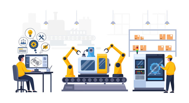 Industrial Automation Process: Engineering Design, Robotic Manufacturing, and Smart Factory Production with Modern Technology