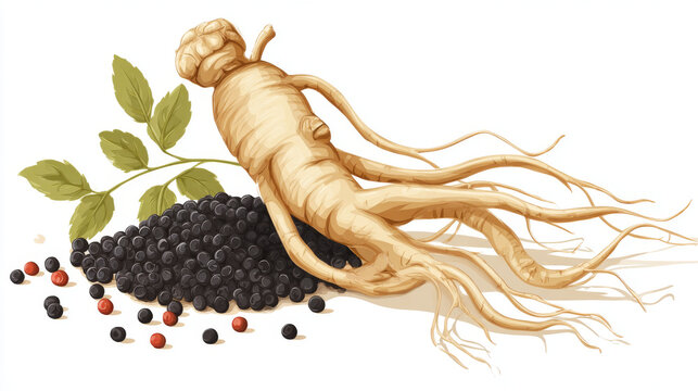 Fresh Ginseng root vector illustration with black pepper seed isolated on white background