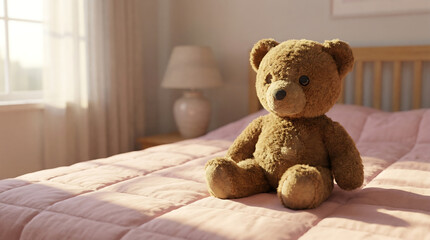 Fototapeta premium A Softly Worn Brown Teddy Bear Sits Comfortably on a Pink Quilted Bed with Warm Sunlight.