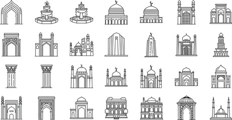 Islamic Architecture and Mosque Landmark Line Icon Set Featuring Minarets, Domes, Arches, Taj Mahal Style Buildings and Traditional Muslim Architectural Symbols © MDFiroj