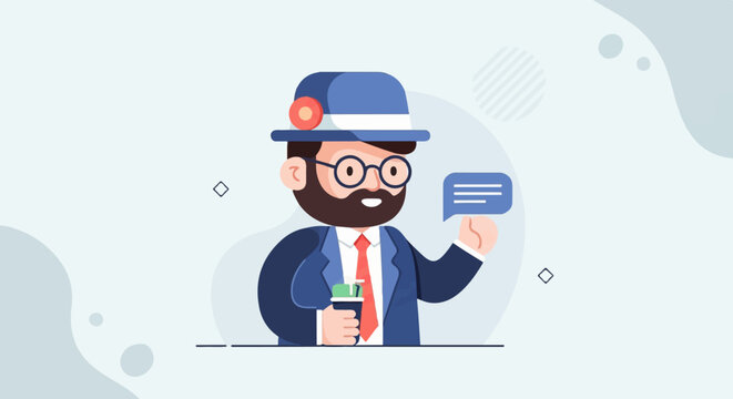 Cartoon man in hat, glasses, and suit holding coffee and speech bubble