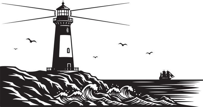 Vector lighthouse illustration with waves and seagulls