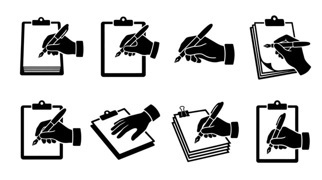 Verschiedene Symbole von H&auml;nden, die mit Stiften auf Klemmbrettern oder Papier schreiben, in Schwarz-Wei&szlig;-Darstellung.